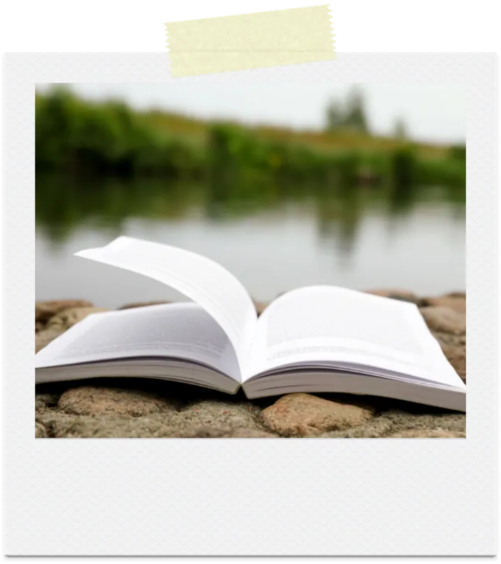 A polaroid of an open book resting by a lake